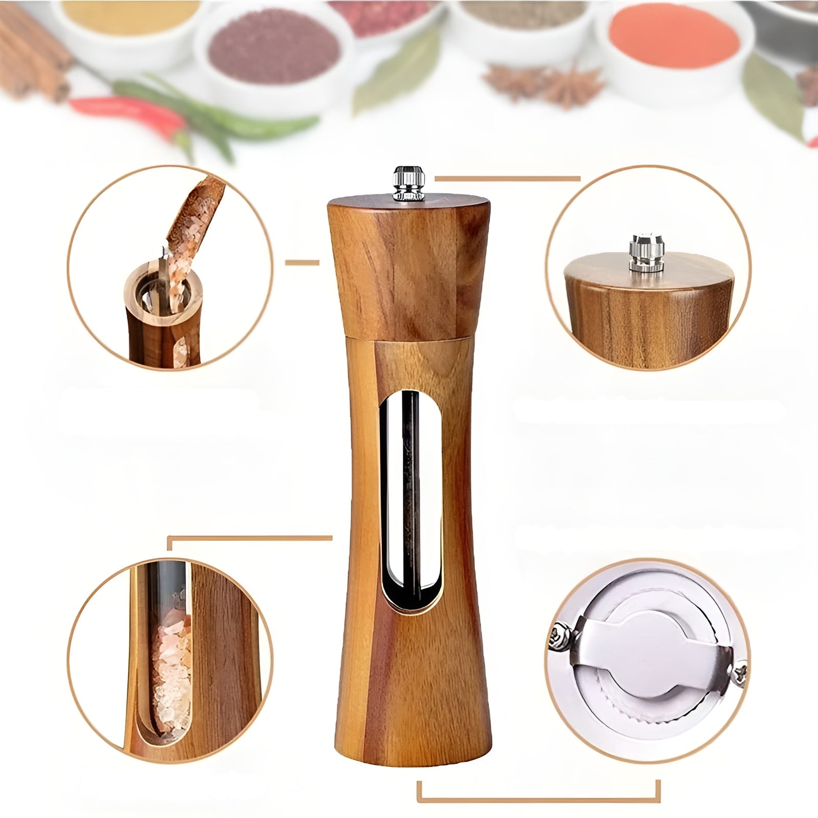 BowLift | SpiceCraft Manual Salt and Pepper Mill Set – Wooden Design with Acrylic Window Adjustable Grind Levels