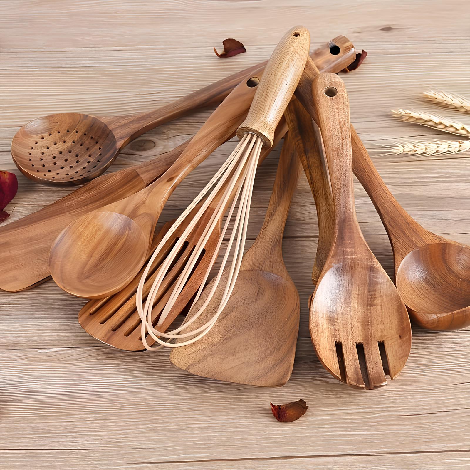 BowLift | 11-Piece Kitchen Utensil Set Made of Teak – Including Holder – Natural Look for the Kitchen