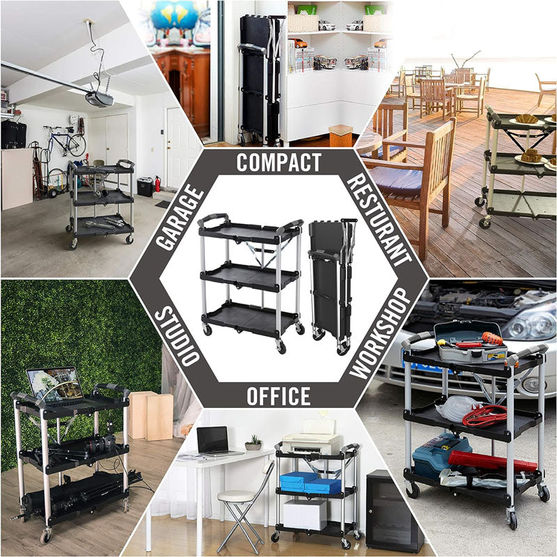 BowLift | Utility Carts Foldable Utility Service Cart Shelf 150LBS Heavy Duty Plastic Rolling Cart Folding Collapsible Service Cart