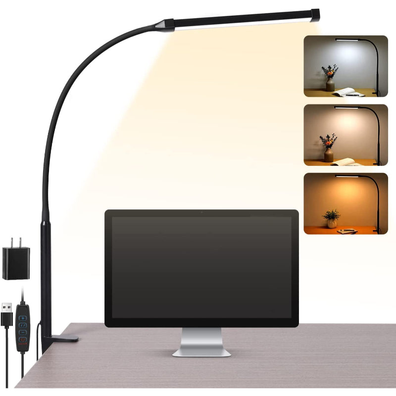 BowLift | LED Desk Lamp - Eye-Friendly Desk Lamp with Clamp, Flexible Swing Arm, 3 Modes, 10 Brightness Levels, USB Adapter