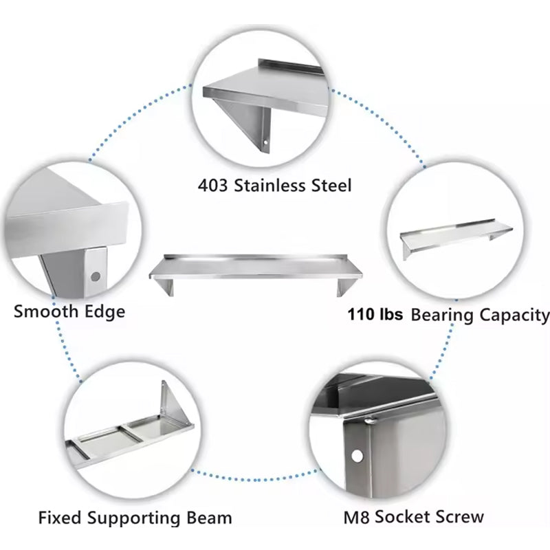 BowLift | Stainless Steel Kitchen Wall Mounted Storage Rack Wall Mounted Shelves With Steel Brackets For Restaurant Kitchen Bar Counters