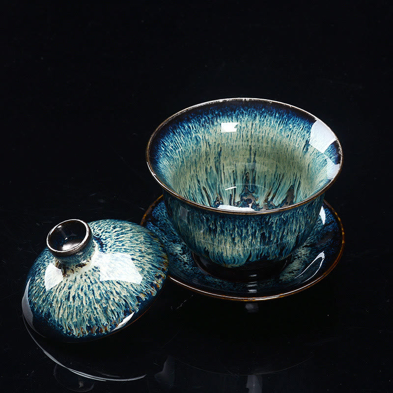 BowLift | Vintage Kiln Ceramic Gaiwan Sancai Tea Cup Tea Cup and Saucer with Lid