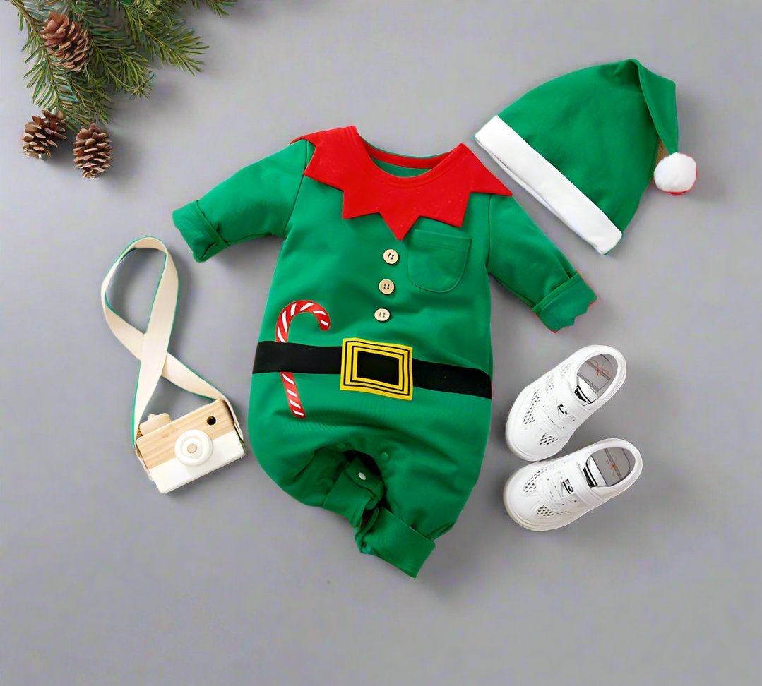 BowLift | Adorable Christmas Elf Jumpsuit for Newborn – Soft & Cozy Long Sleeve Outfit for Boys and Girls (0-18 Months) Perfect for Christmas Celebrations