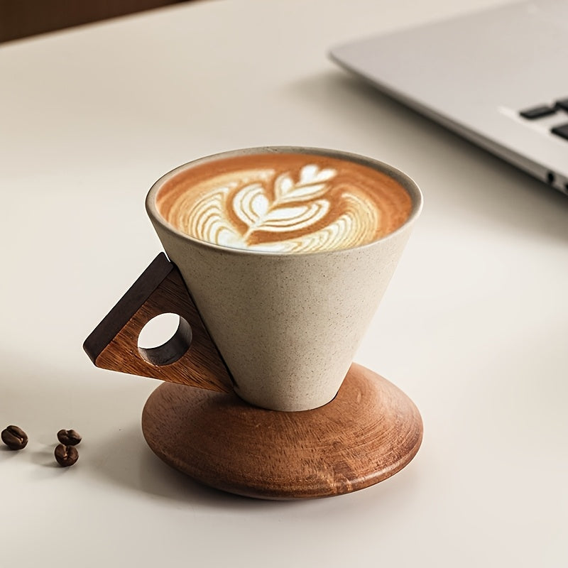 BowLift | BaristaLuxe Ceramic Coffee Cup 250ml – Handmade with Wooden Handle and Coaster