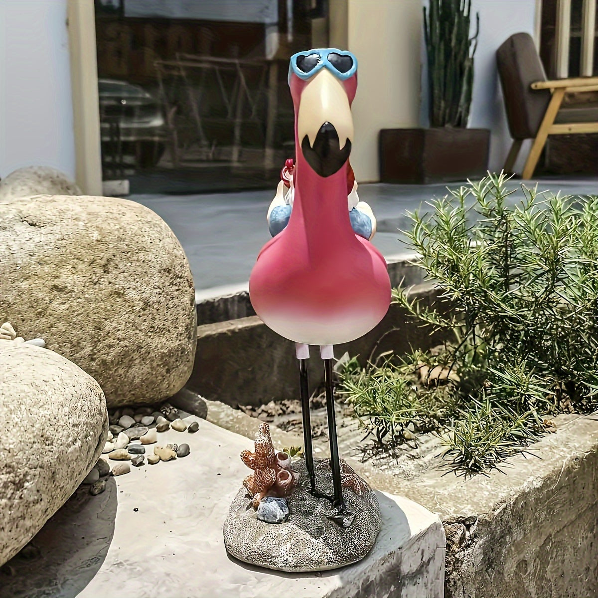 BowLift | Flamingo relaxing garden gnome statue