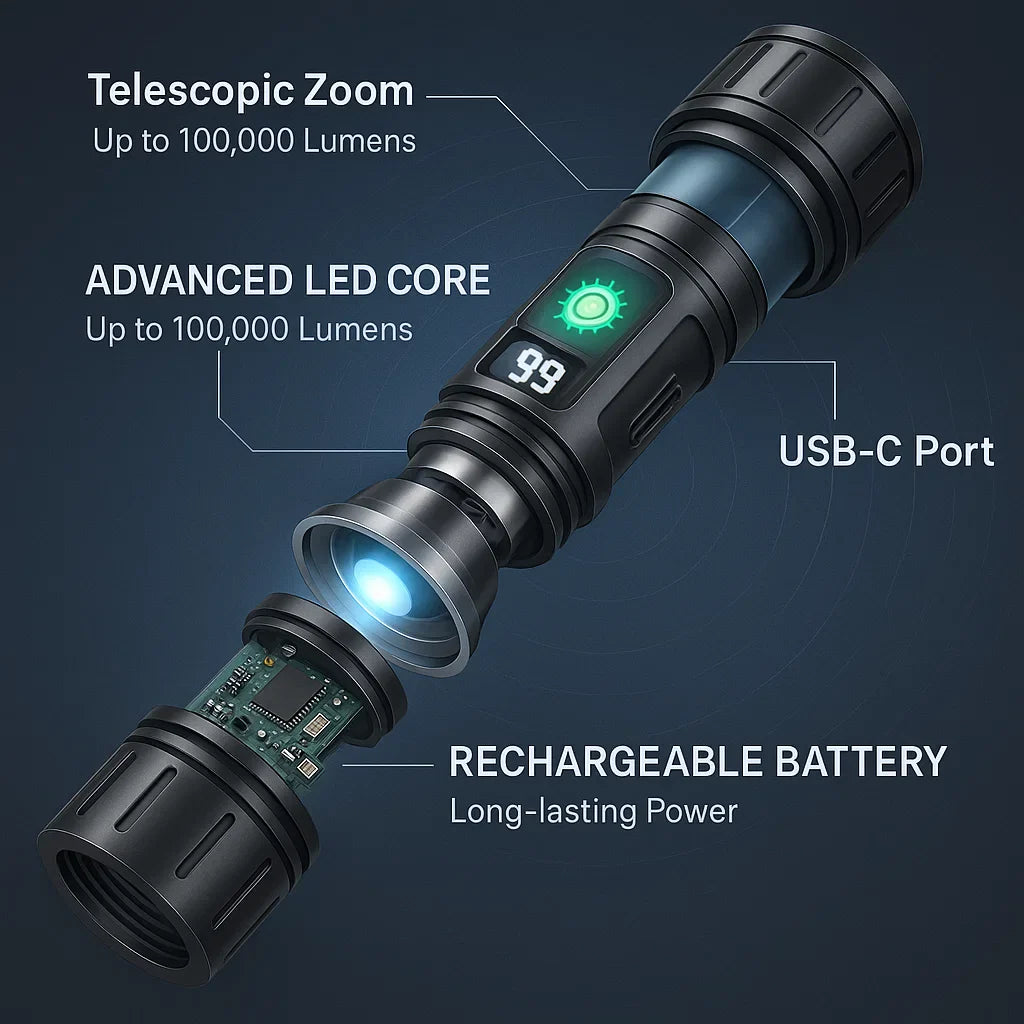 BowLift | 100000 Lumen Tactical Flashlight | World's Brightest High-Powered Torch