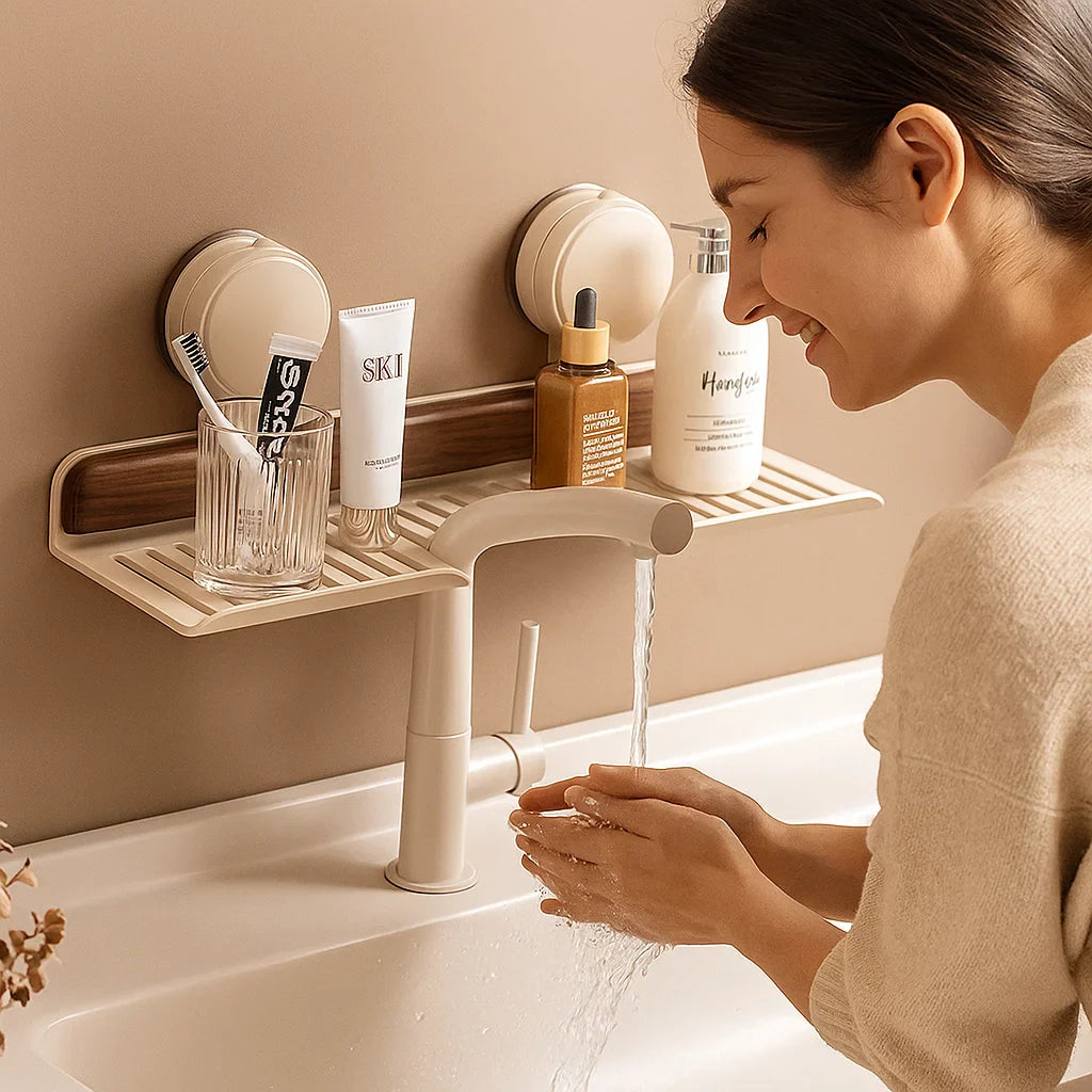 BowLift | Bathroom suction cup sink shelf in walnut design