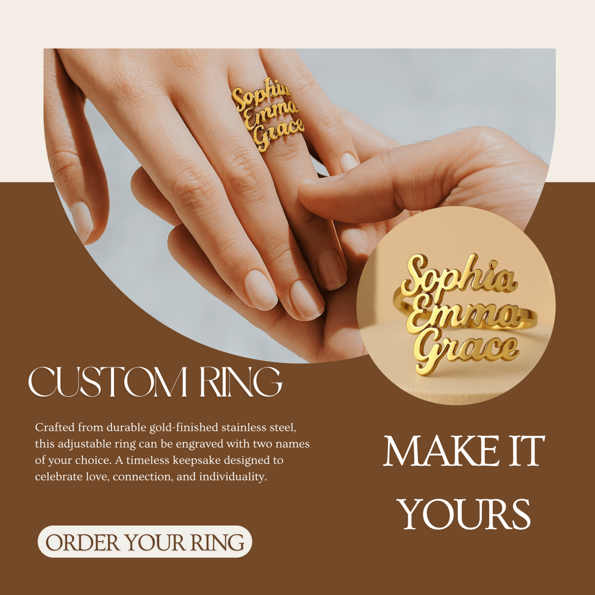 BowLift | AURELION – Custom Adjustable Gold Stainless Steel Name Ring