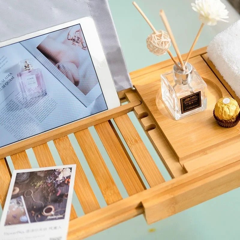 BowLift | Aurevo Bamboo Bath Caddy | Extendable luxury bathtub tray with wine glass & book holder