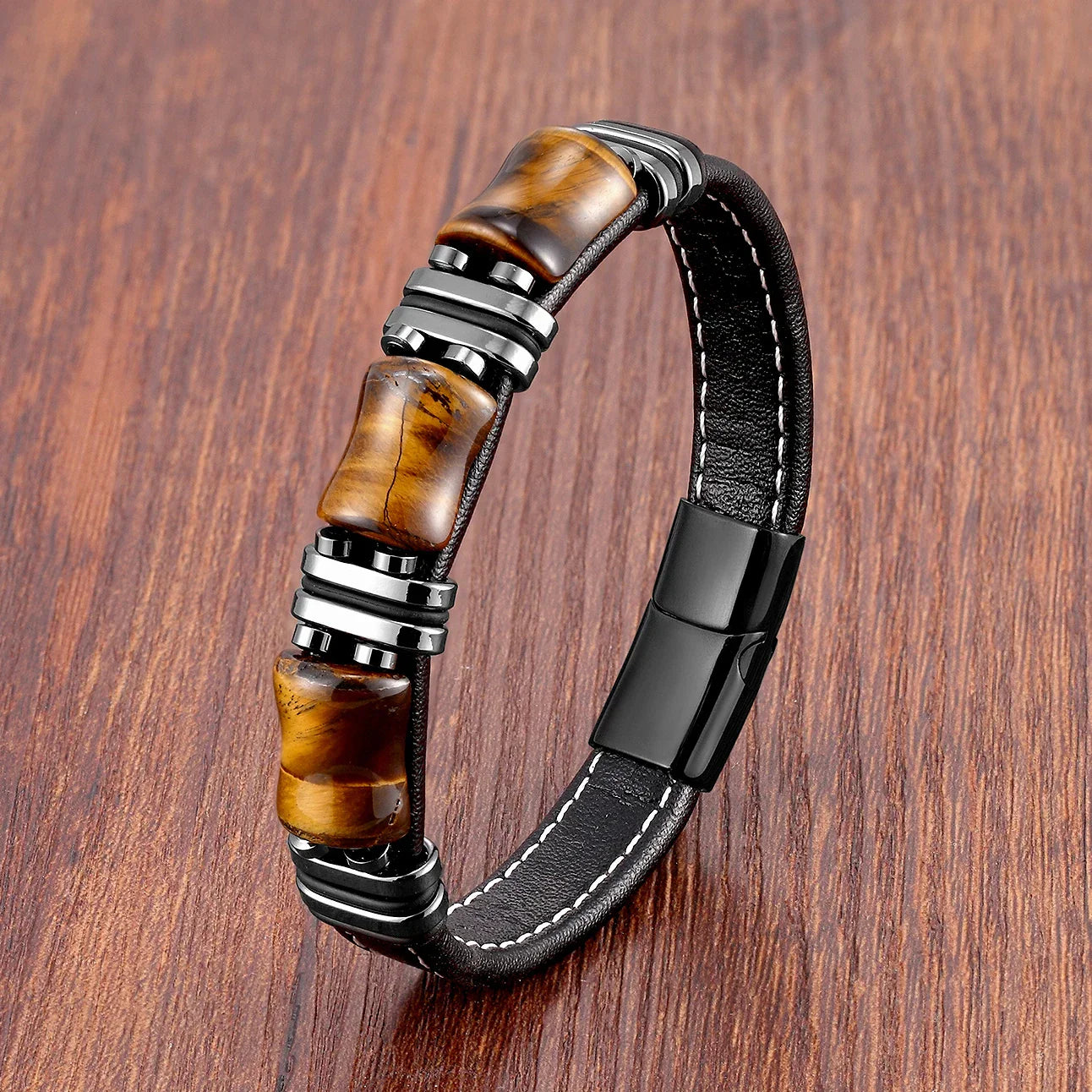 BowLift | Bracelet Leather Gold | Tiger Eye Beaded Men’s Jewelry