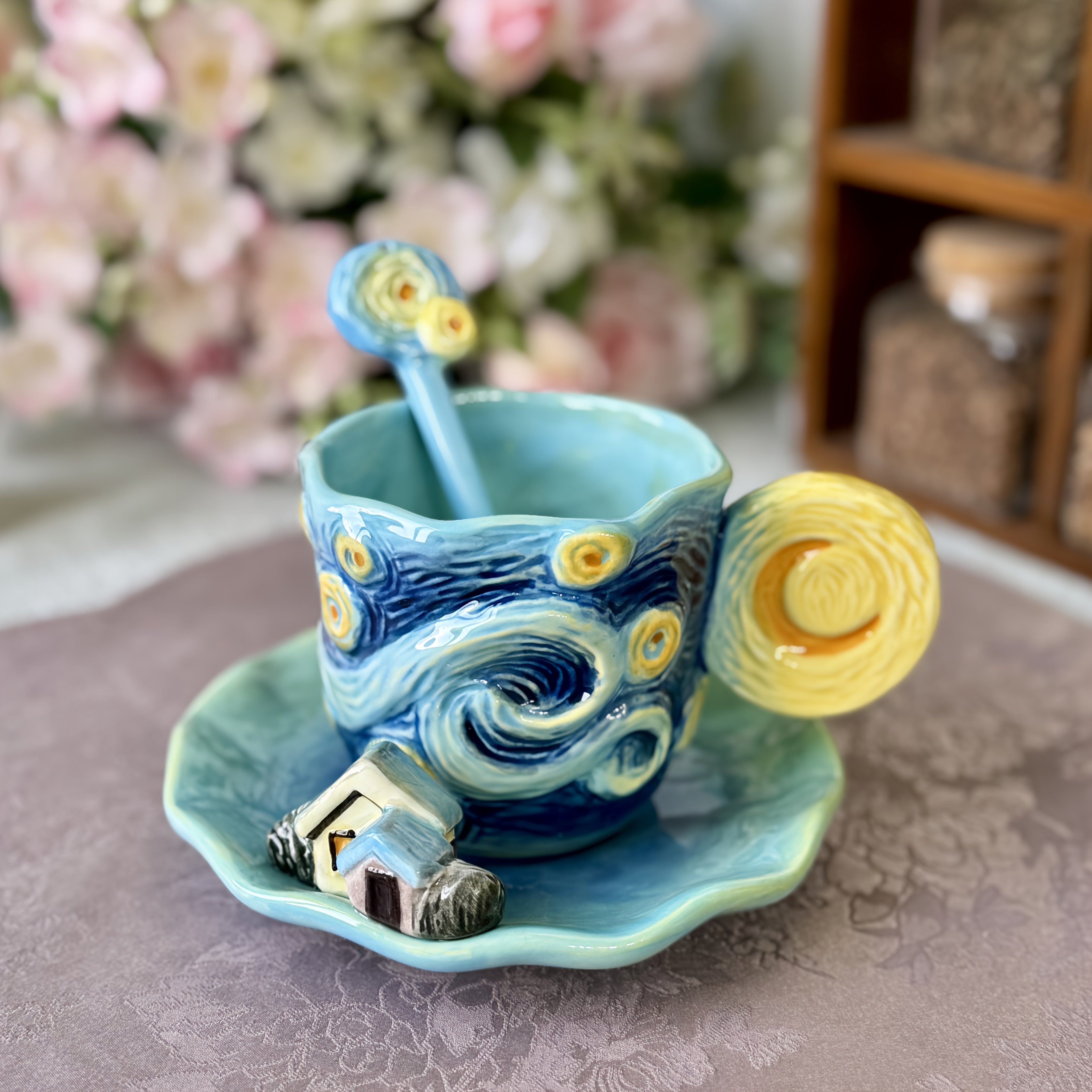 BowLift | ArtSip Ceramic Cup & Saucer Set – Hand-painted 3D Design inspired by Van Gogh