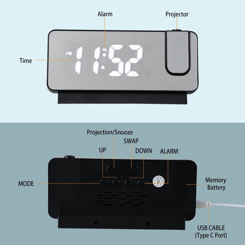 BowLift | Projection Alarm Clock | LED Display with Mirror Surface | Dual Alarms & Temperature | 19cm