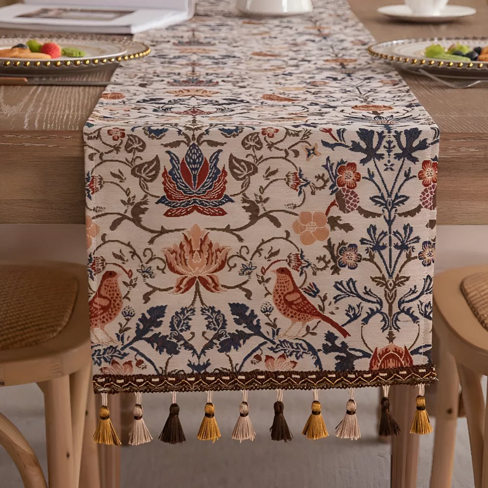 BowLift | EVERBLOOM LINENS – Elegant Table Runner with Floral & Bird Jacquard Design