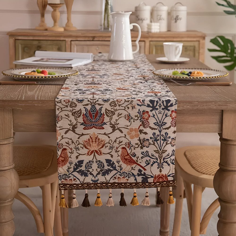 BowLift | EVERBLOOM LINENS – Elegant Table Runner with Floral & Bird Jacquard Design