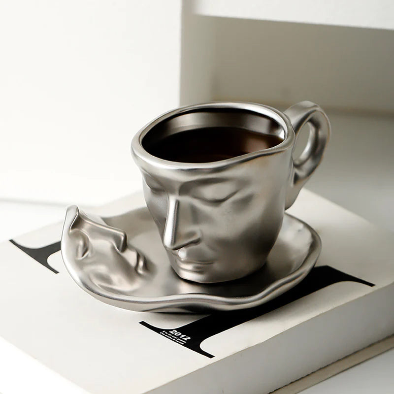 BowLift | Metal Touching Face Creative Ceramic Kiss Coffee Cup, Artistic Vibe Mug & Saucer Set