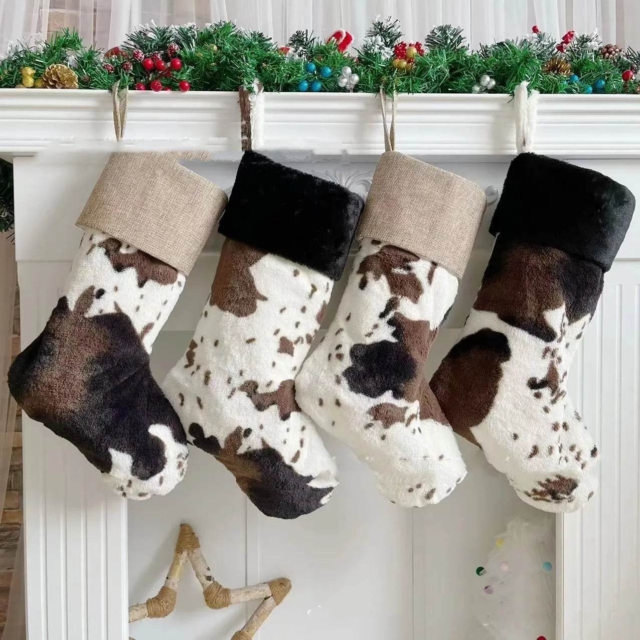 BowLift | 20-inch Plush Christmas Stockings Cows Pattern Gift Bag