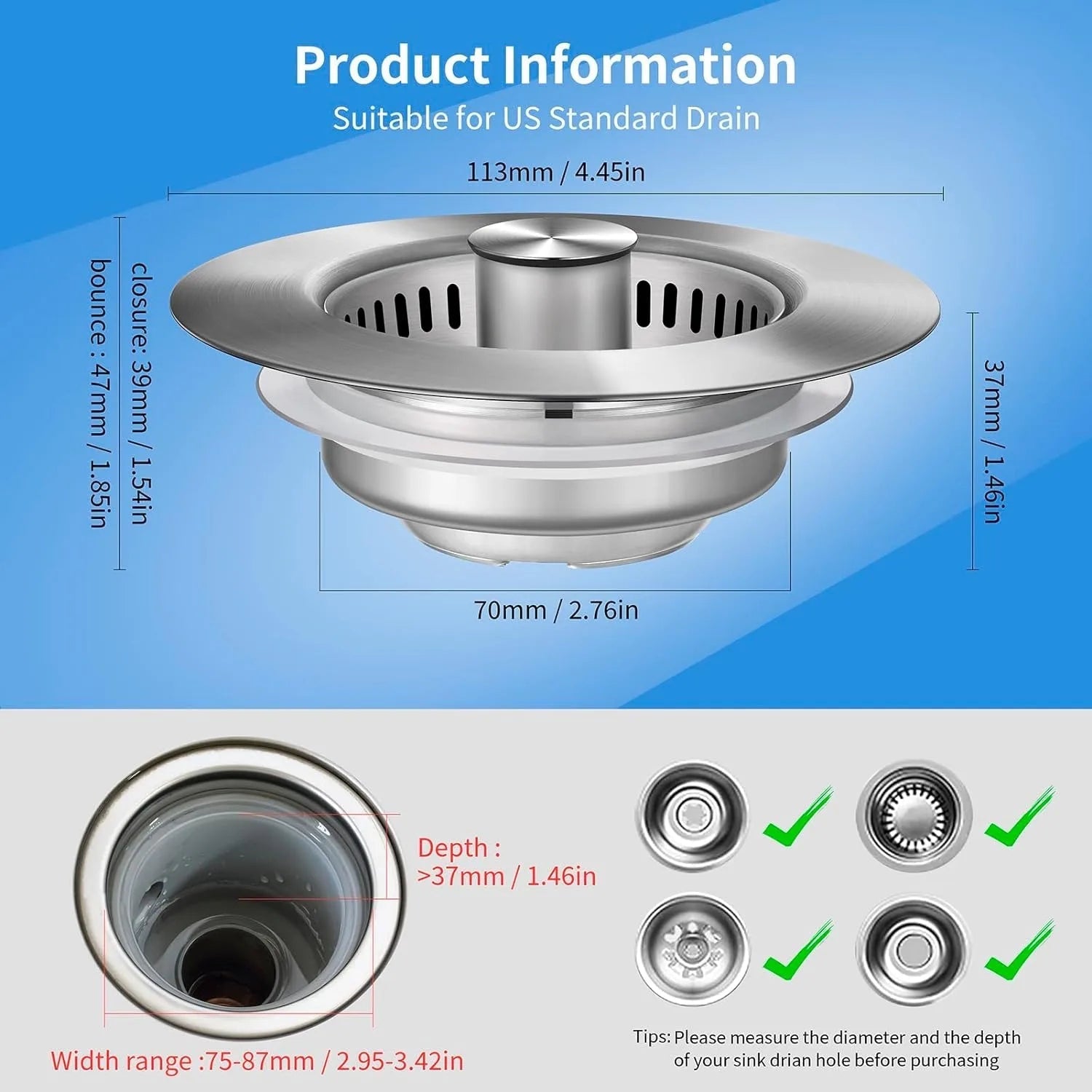 BowLift | Stainless Steel Pop-Up No-Odor Drain Filter