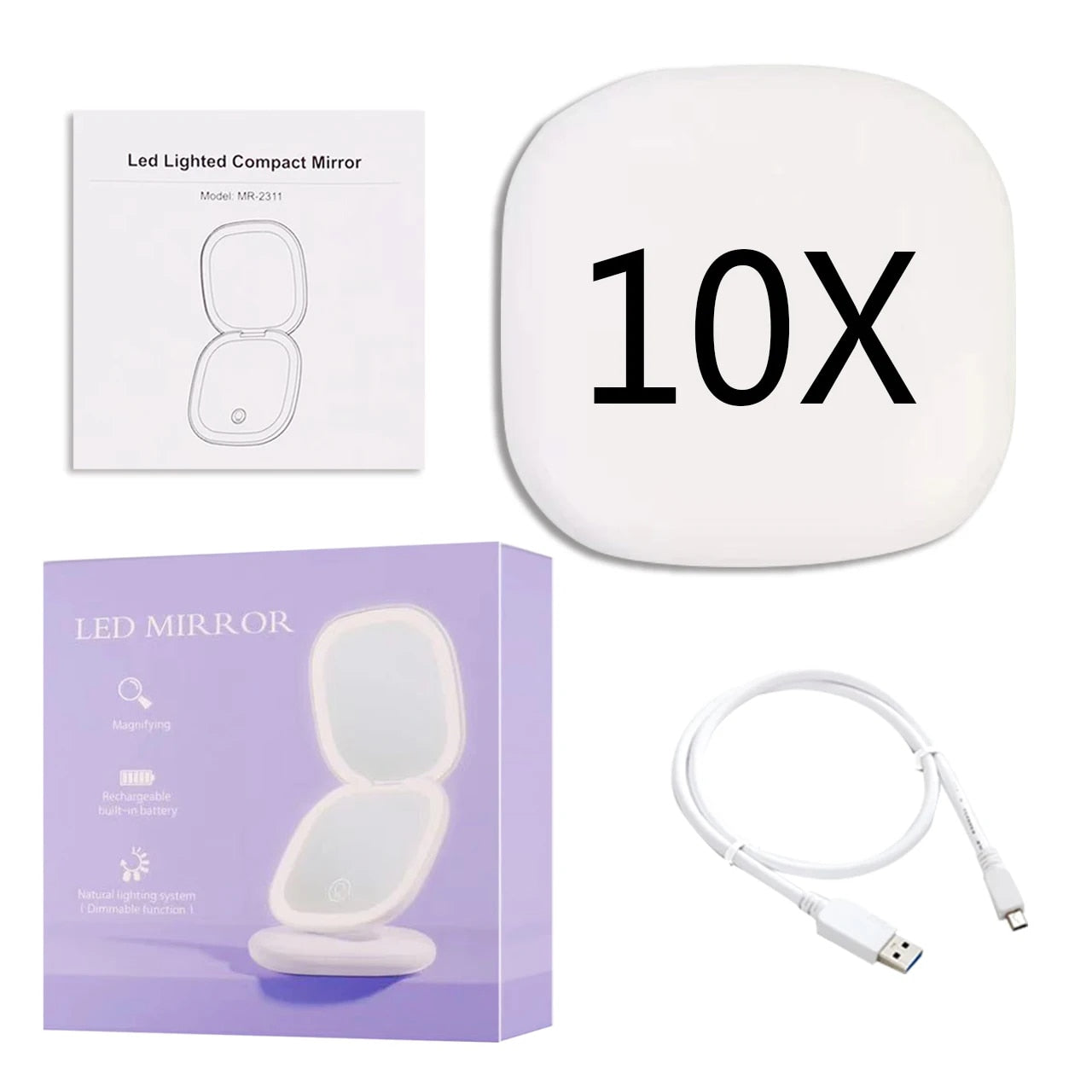 BowLift | Mini LED 10x Magnification Cosmetic Mirror with Various Light Settings, USB Rechargeable