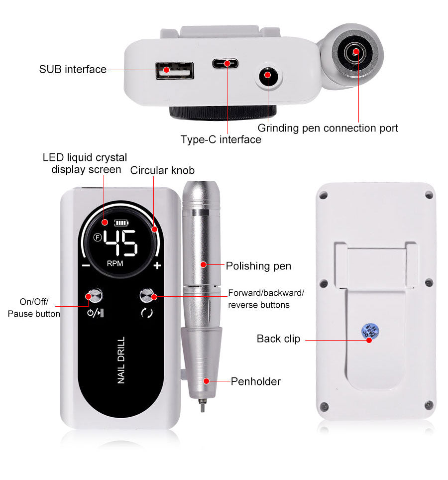 BowLift | ProNail 45000RPM Electric Nail File – Portable Rechargeable E-File for Manicure & Acrylic Nails | Low Noise