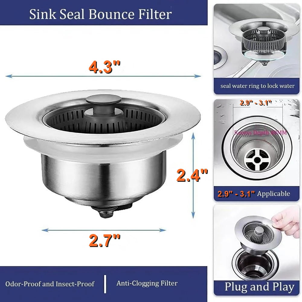 BowLift | Drain Strainer & Stopper | 304 Stainless Steel + ABS | Anti-Clog Basket | Fits Standard Kitchen Sinks