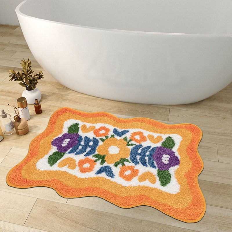 BowLift | Colorful Flower Bathroom Mat, Orange Flora Soft Bathroom Rug, Woven Bath Mat, Purple Tulip Water-Absorbent Non-Slip Bath Mat