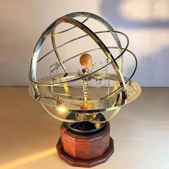 BowLift | Grand Orrery Model of the Solar System – Handcrafted Brass Planetary Model with Oak Base and 5 Moons