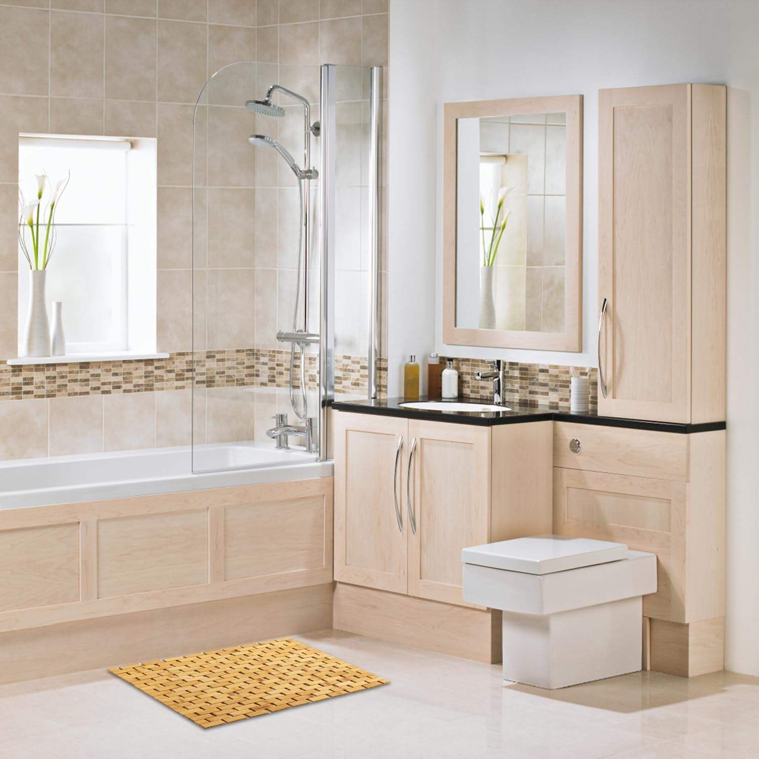 BowLift | Bamboo Bath Mat Non-Slip Water Repellent Runner Rug For Bathroom Natural Wood Bathroom Shower Rug Non-Slip Fabric