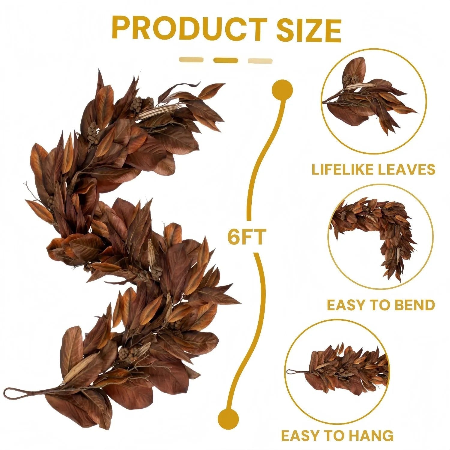 BowLift | Brown Magnolia Leaf Garland – realistic autumn decoration for indoor and covered outdoor areas