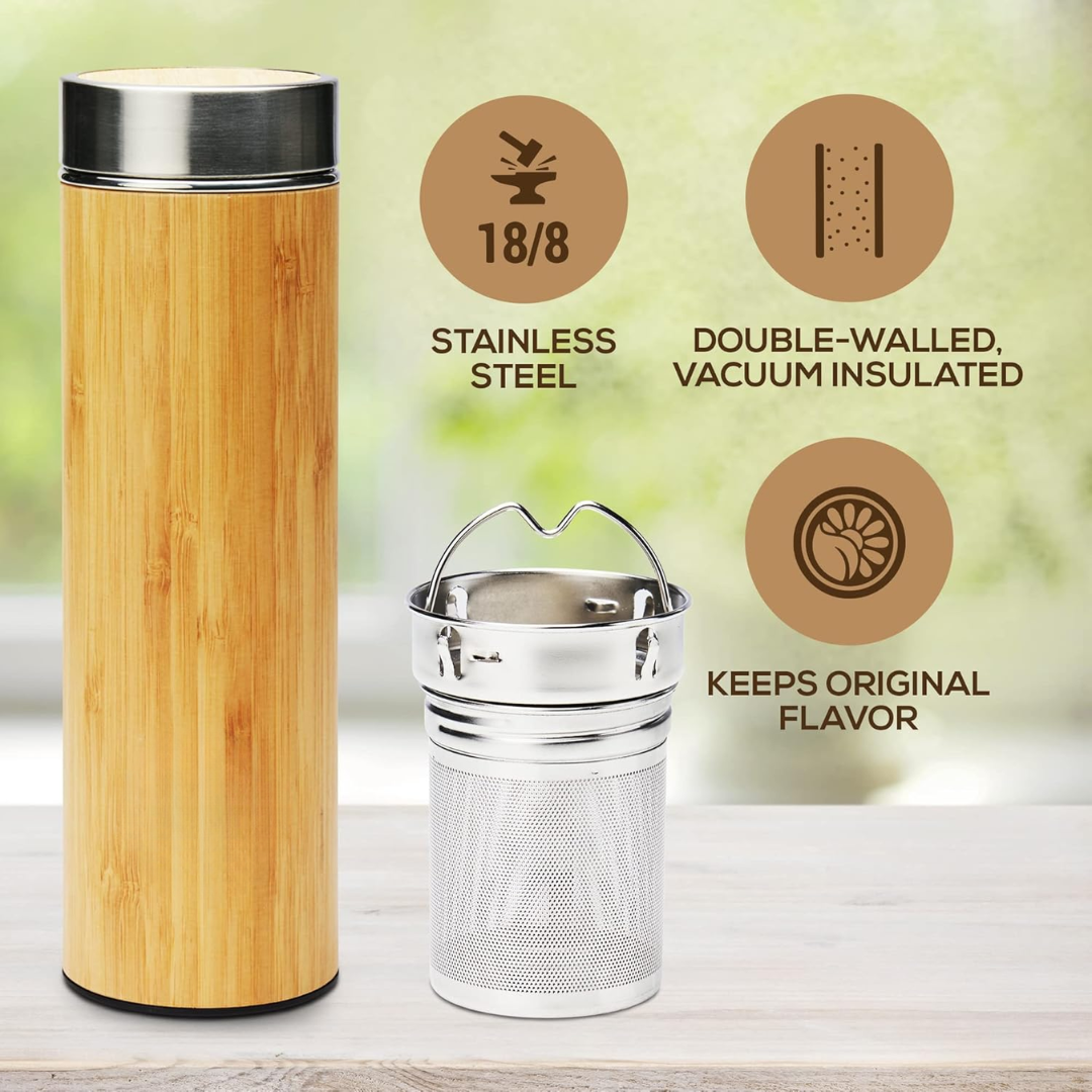BowLift | Isolated Premium Bamboo Loose Leaf Tea Infuser Bottle - 500ml