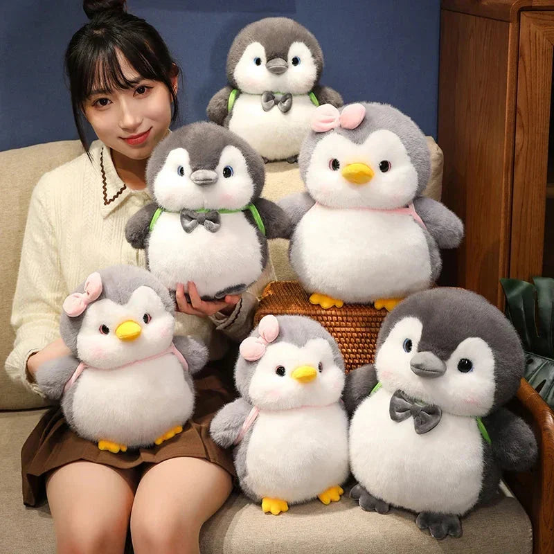 BowLift | Fluffy Gray Penguin Plushie with Turtle Backpack