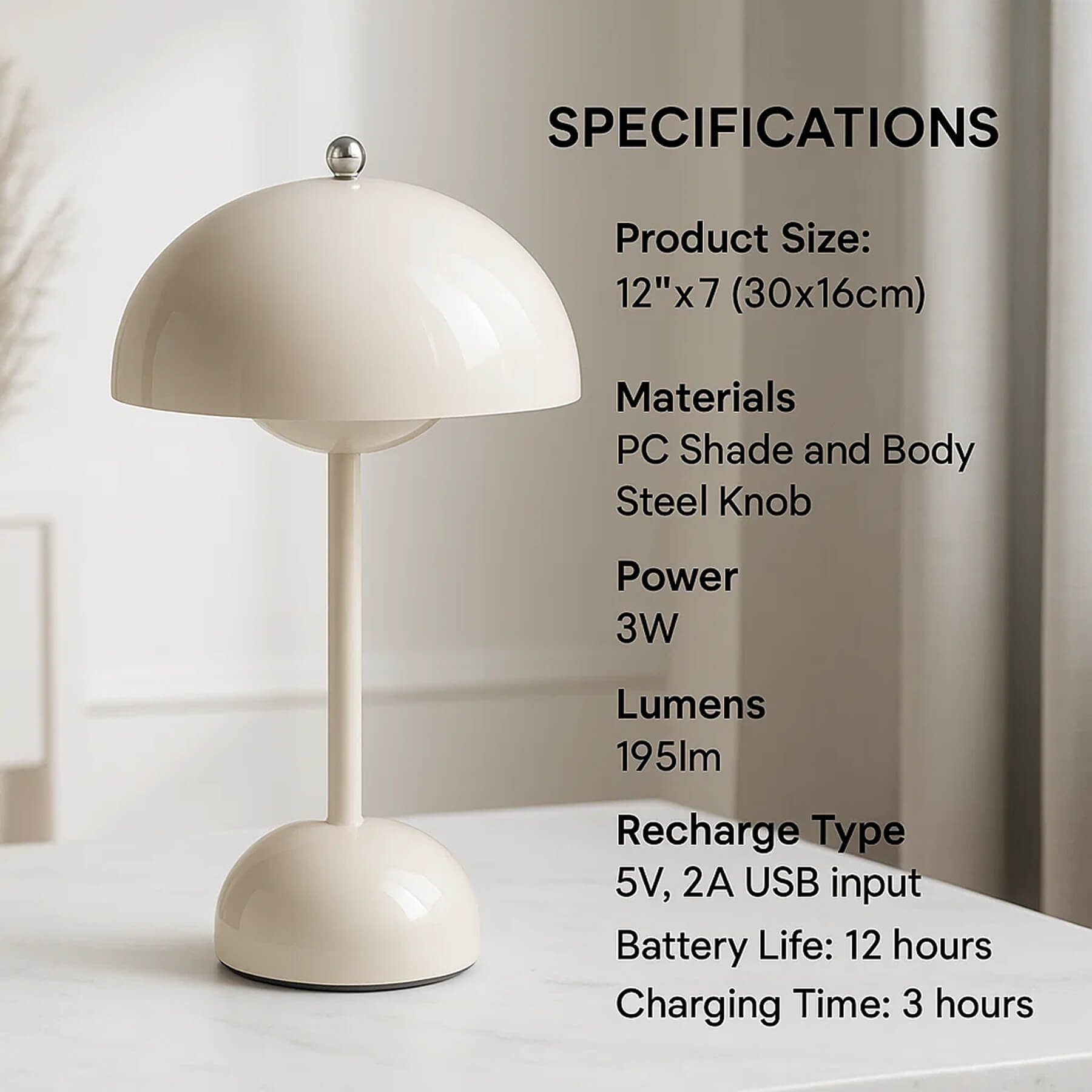 BowLift | Minimalist Flowerpot Table Lamp - Rechargeable Bedside Lamp & Cordless Design Mushroom Shaped Lamps
