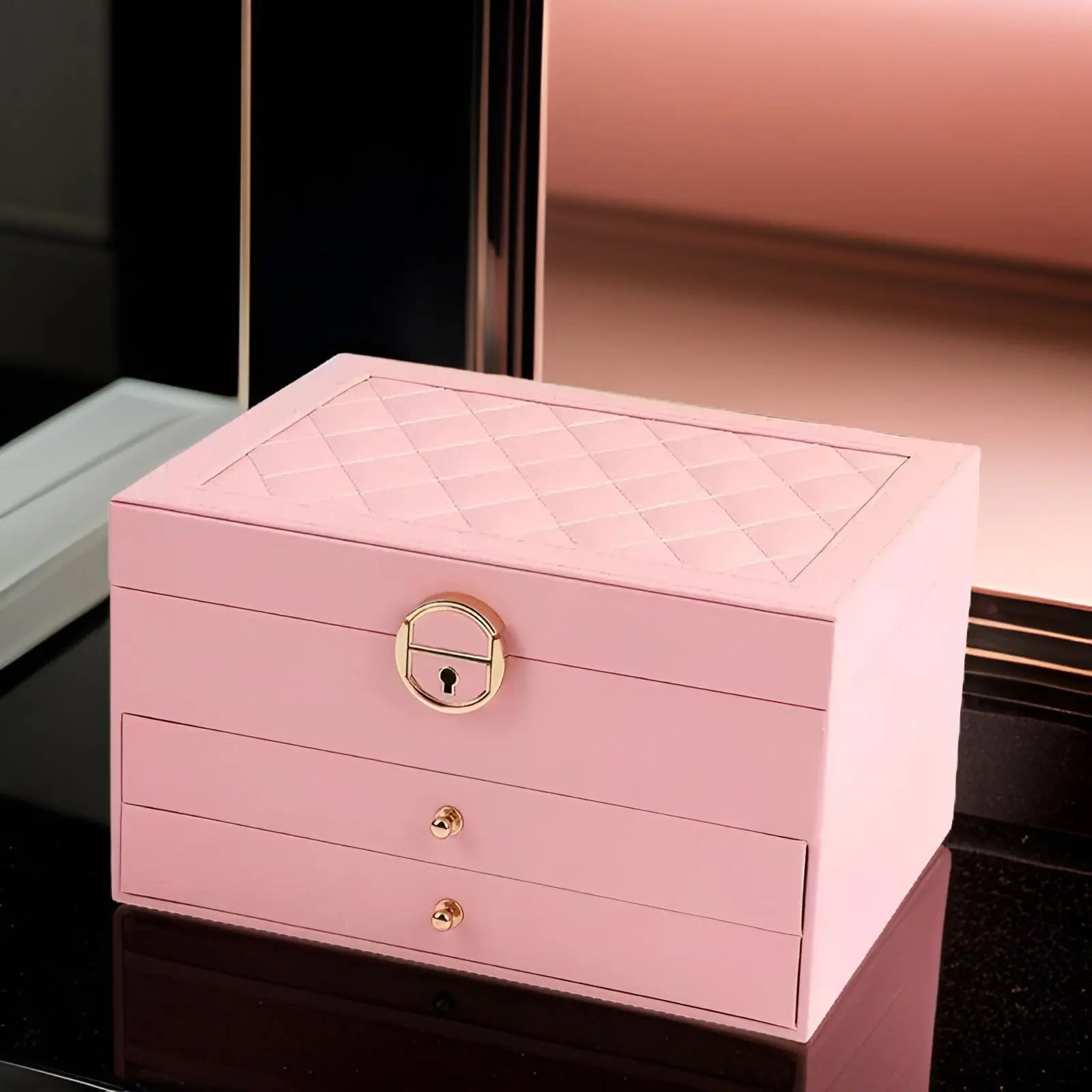 BowLift | EleganceBox Multi-Layer Jewellery Organizer | Reinforced PU Leather & Velvet Lining | 3-Tier Segmented Storage System | Security Lock & Integrated Vanity Mirror | Heavy-Duty 1.3kg Construction