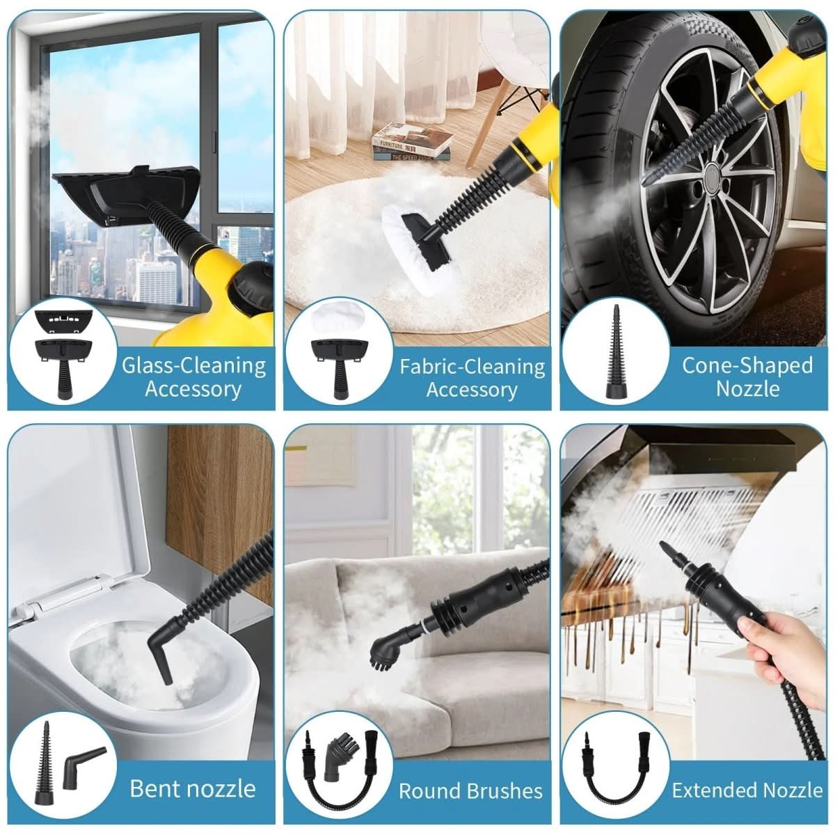 BowLift | Chemical-free steam cleaner with 8 attachments for household, clothes & windows