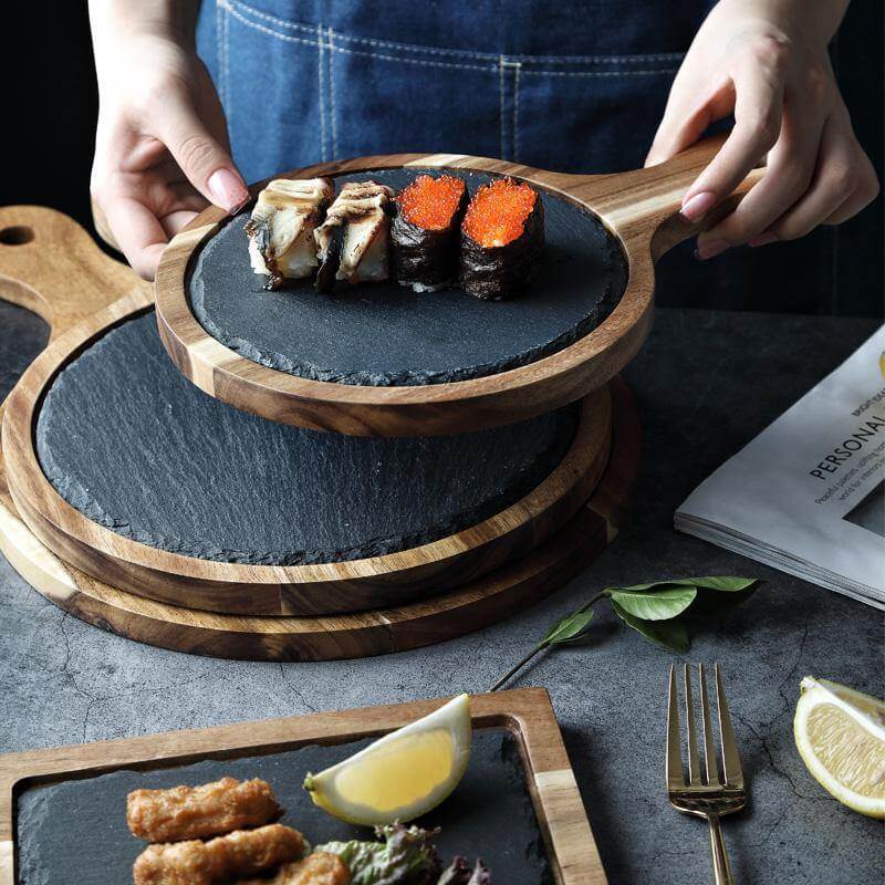 BowLift | Wooden Slate Round Snack Food Plate