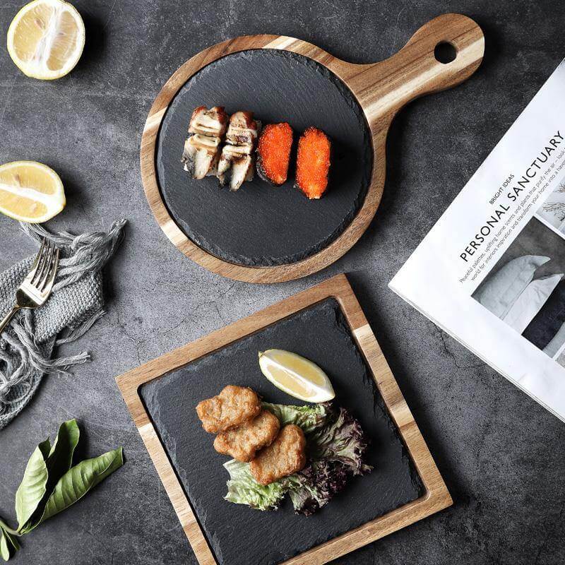 BowLift | Wooden Slate Round Snack Food Plate