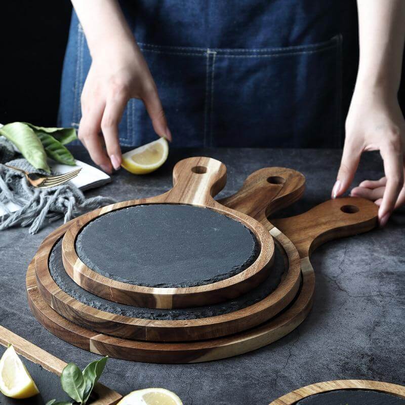 BowLift | Wooden Slate Round Snack Food Plate