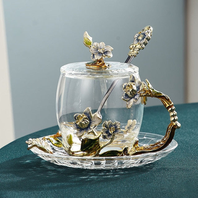 BowLift | Handcrafted enamel flower glass mug for couples love gift can serve coffee, flavored tea or even lemon juice in