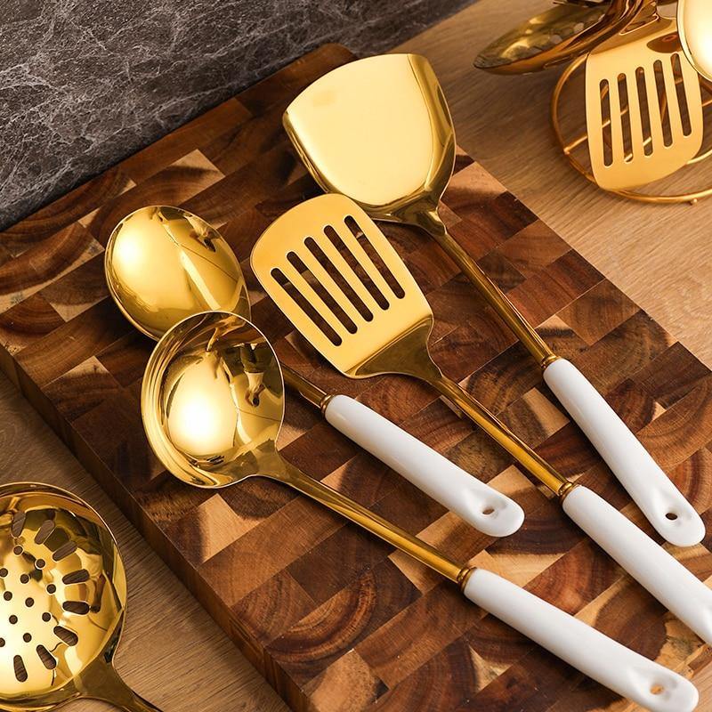 BowLift | Golden Kitchen Utensils with Stand