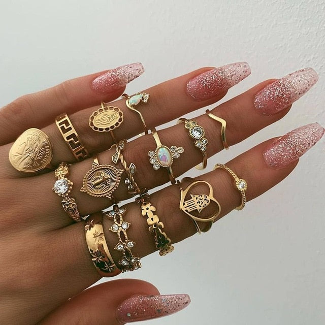 BowLift | Fashion Crystal Gold color Geometric Knuckle Rings set