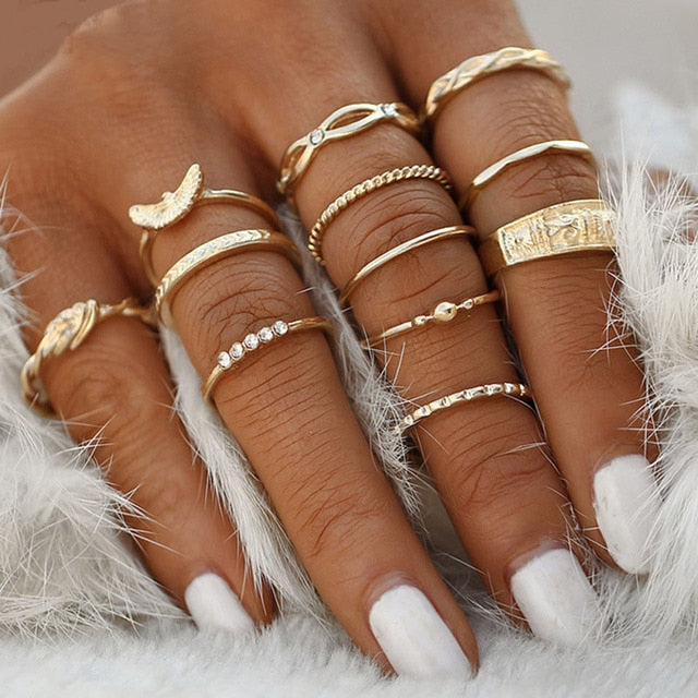 BowLift | Fashion Crystal Gold color Geometric Knuckle Rings set
