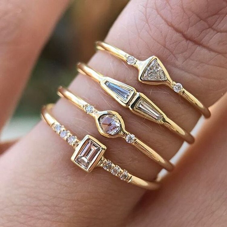 BowLift | Geometric Gold Color Combination Round Zircon Crystal Rings Set