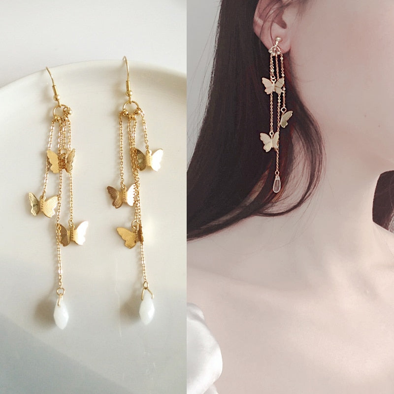 BowLift | Korean Style Retro Super Fairy Butterfly Tassel Long Clip on Earrings