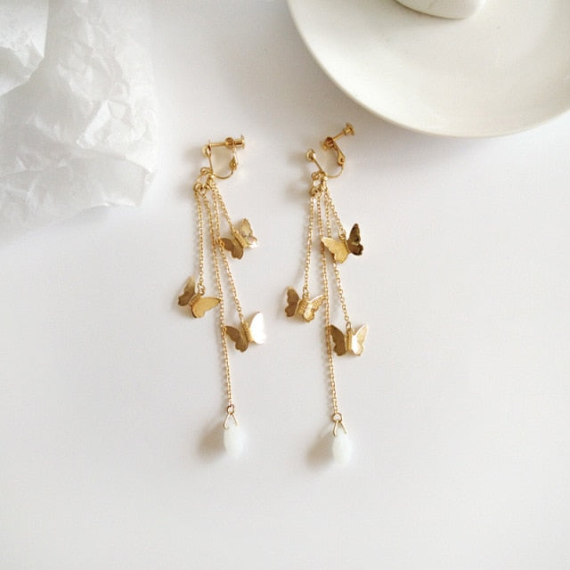BowLift | Korean Style Retro Super Fairy Butterfly Tassel Long Clip on Earrings