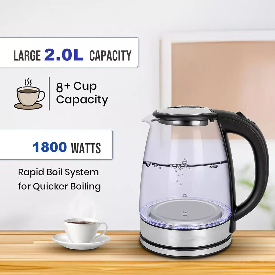 BowLift | Electric Kettle | 1.8L, 3000W, Rapid Boil, Auto Shut-Off & Borosilicate Glass for Tea, Coffee & Instant Meals