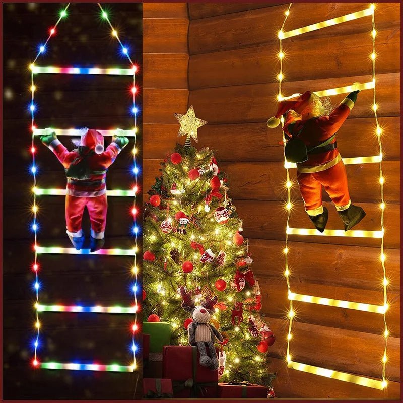 BowLift | Santa Claus Climbing Ladder with LED String Lights – Festive Christmas Decor for Home, Window & Tree