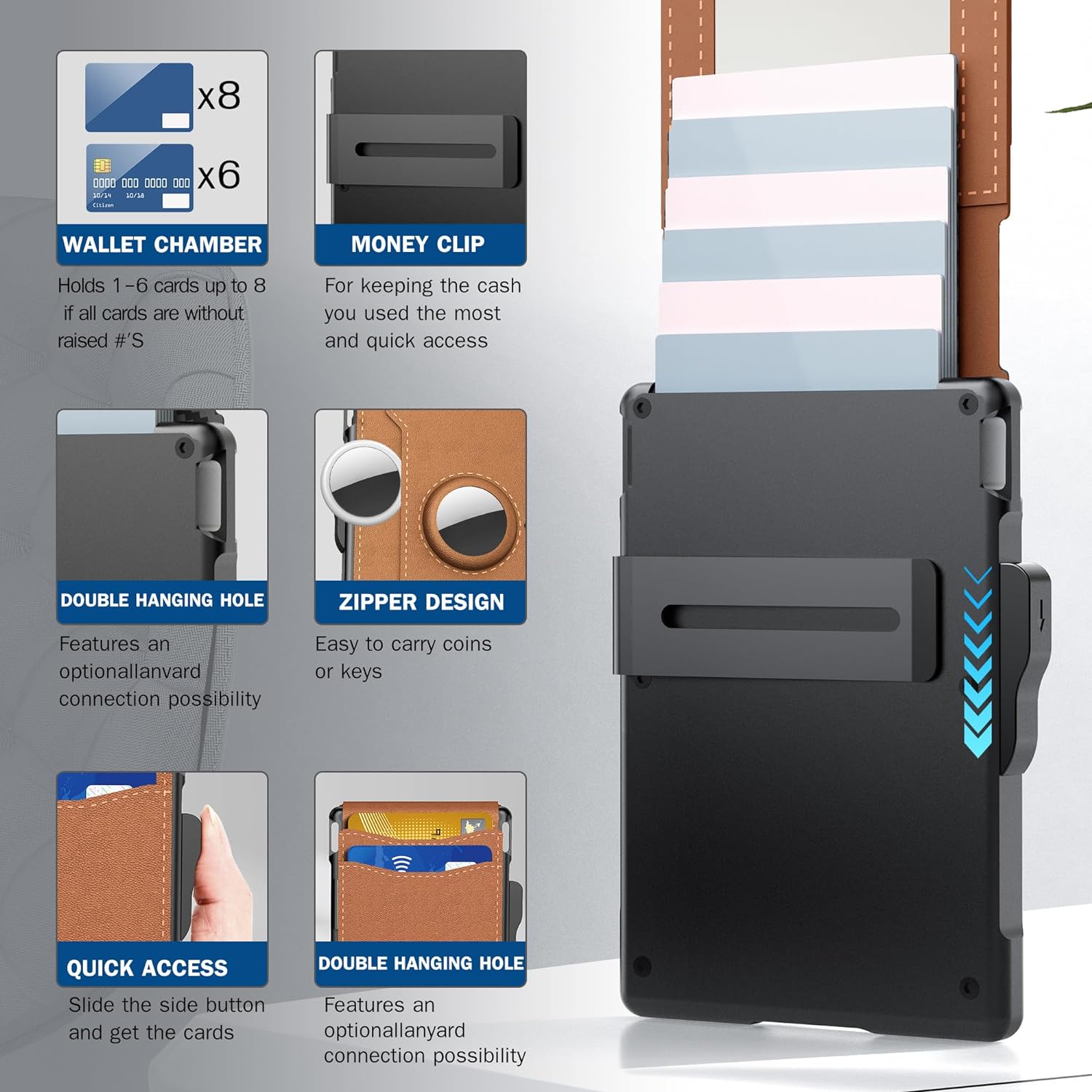 BowLift | Pop Up aluminum bag Money Clip Slim Leather Slots Credit Card Holder RFID Blocking Bifold Minimalist Wallet
