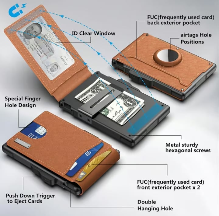 BowLift | Pop Up aluminum bag Money Clip Slim Leather Slots Credit Card Holder RFID Blocking Bifold Minimalist Wallet