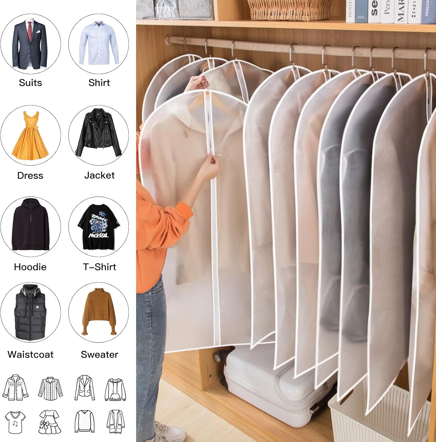 BowLift | PEVA Garment Cover Set – 12-Pack Hanging Clothes Bags in 3 Sizes (Buy 1, Get 1 FREE)