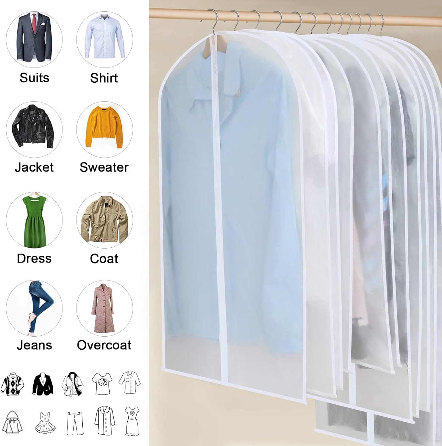BowLift | PEVA Garment Cover Set – 12-Pack Hanging Clothes Bags in 3 Sizes (Buy 1, Get 1 FREE)
