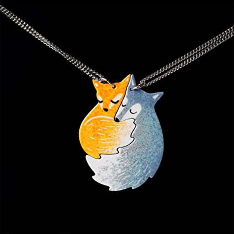 BowLift | Hand-painted Fox and Wolf Couple Embrace Necklace